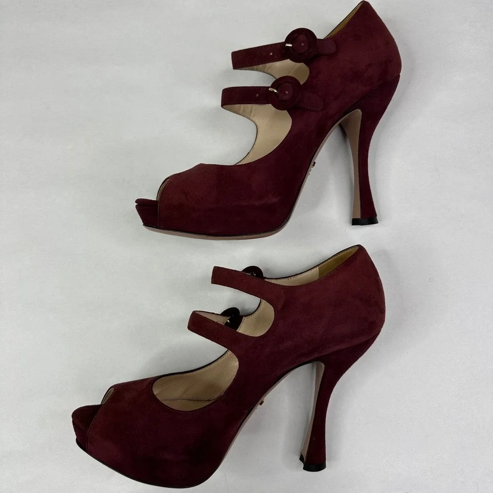 Prada Burgundy Suede Double Strap Mary Jane Peep Toe Platform Heels Size 37.5